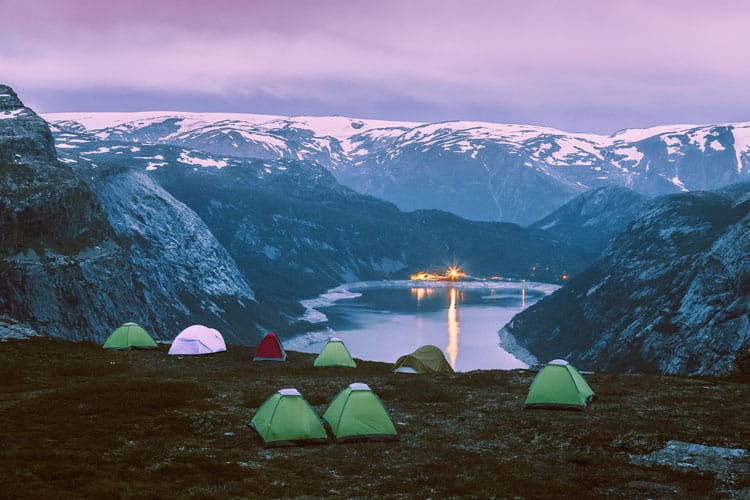 Night scene of camping site at Trolltunga travel destination